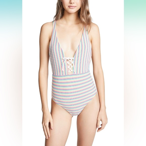 NWOT Onia Rainbow Pinstripe Lace Up One Piece Bikini Swimsuit Size XS - Picture 1 of 15